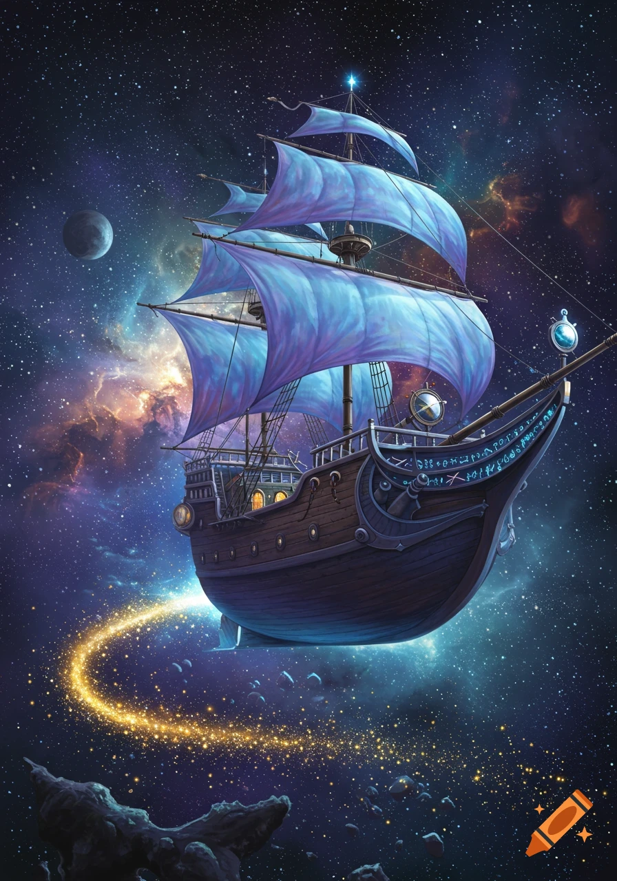 A majestic fantasy spelljammer ship with blue sails flying through a starry galaxy, leaving a golden dust trail.
