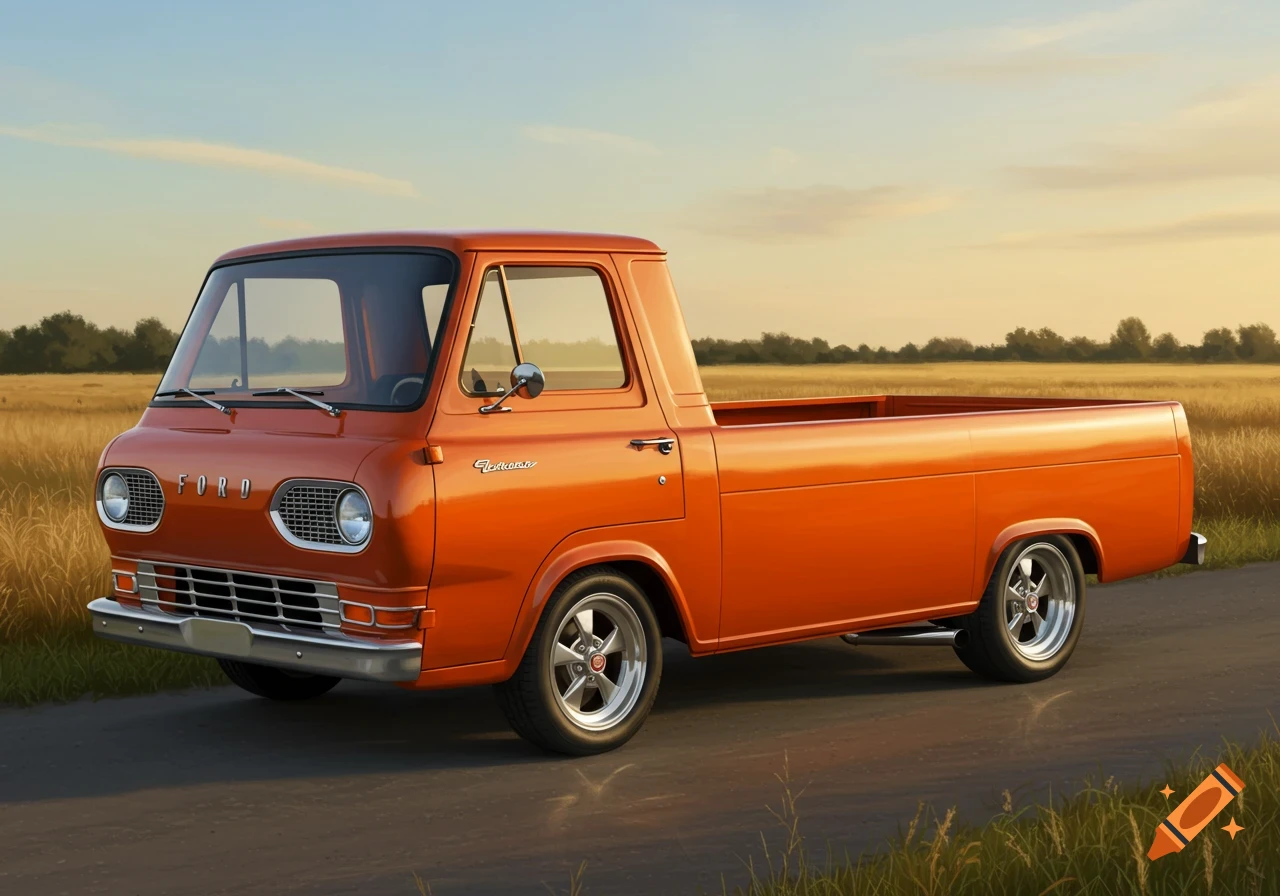 A bright orange vintage Ford Econoline pickup truck with chrome accents and custom wheels parked on a paved road next to a field at sunset.