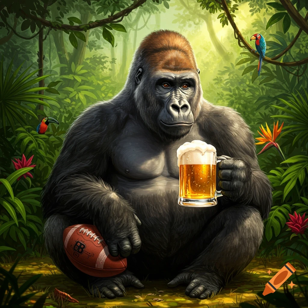 A muscular gorilla sits in a lush jungle, holding a football in one hand and a frothy mug of beer in the other.