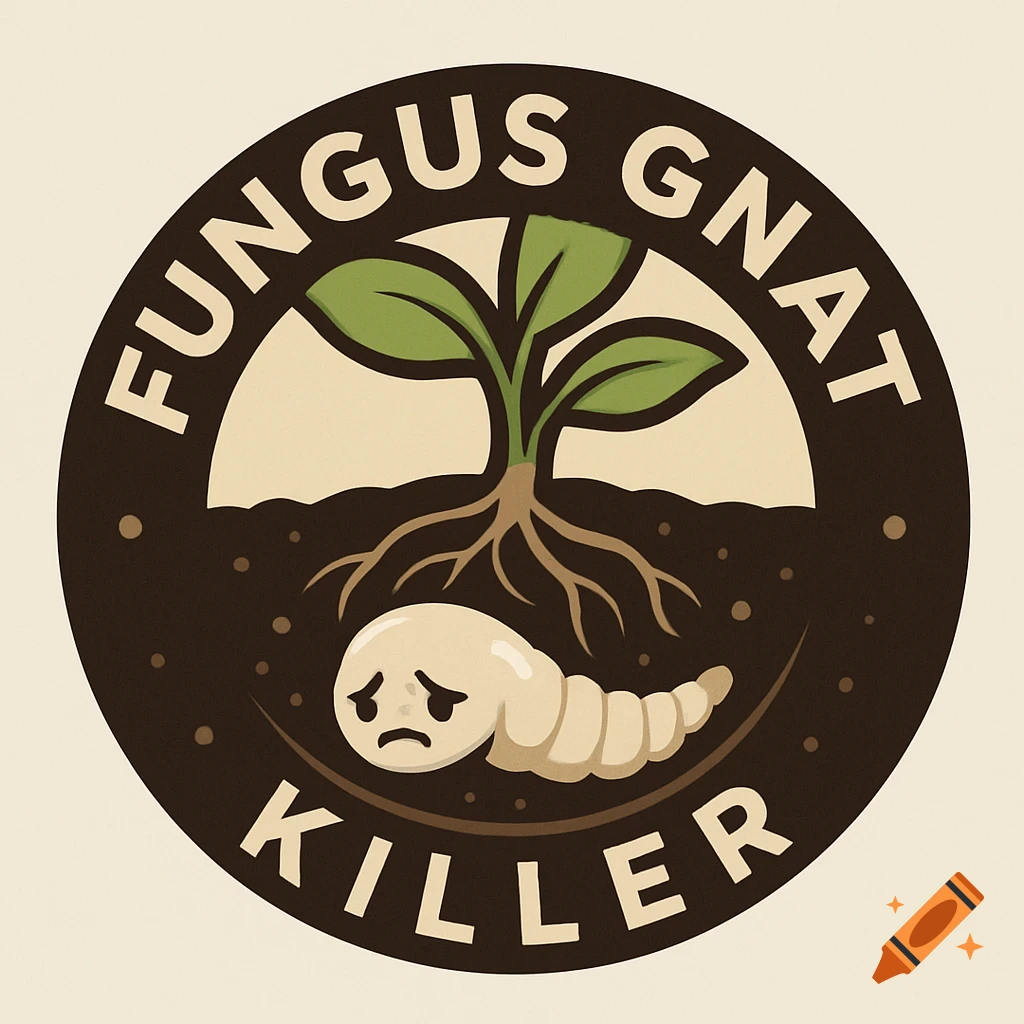 Circular logo with 'FUNGUS GNAT KILLER' text, featuring a sad grub in soil under a house plant.