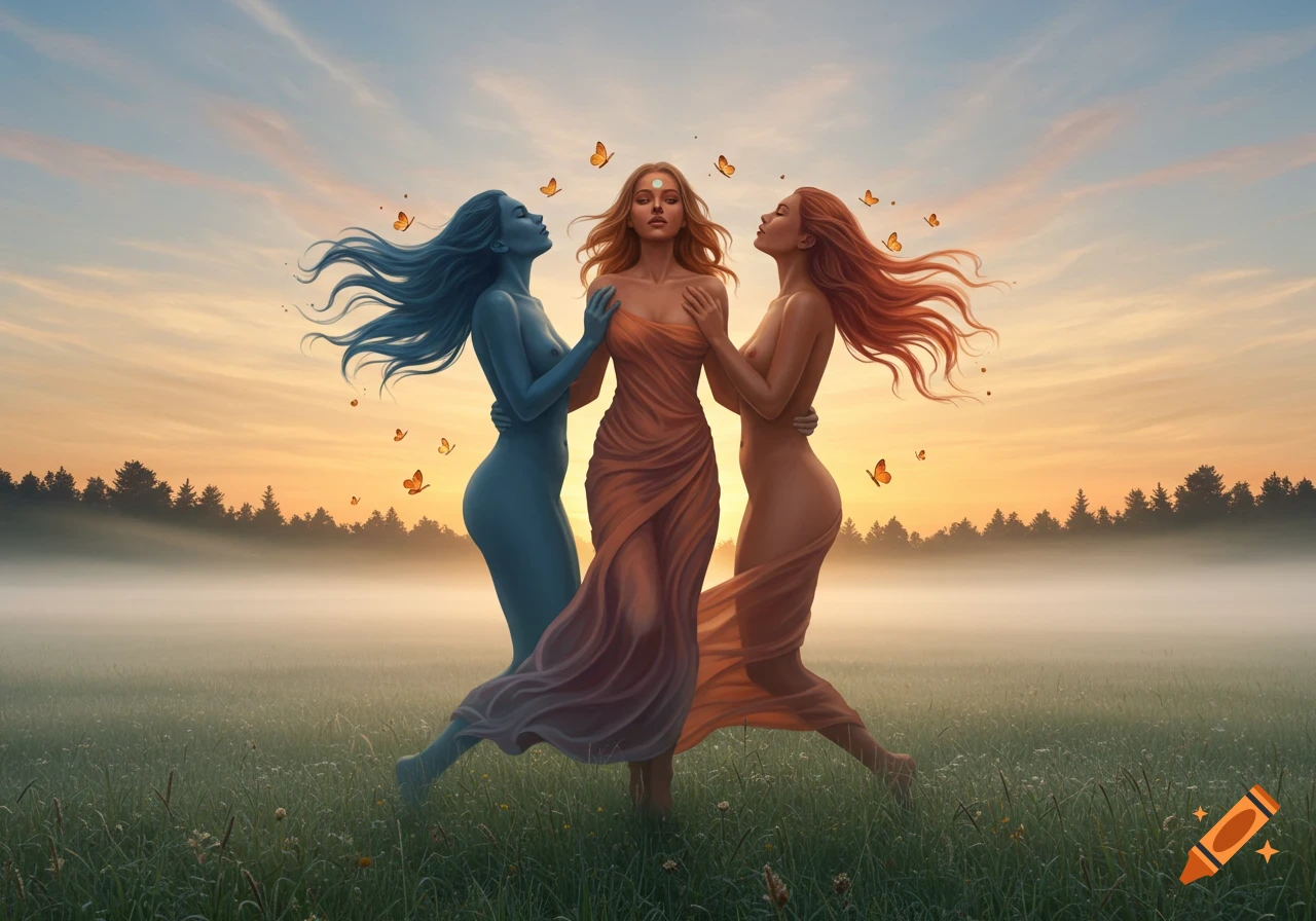 Three women, one in an orange dress and two stylized figures embracing her, stand in a misty field at sunset with butterflies, digital art.