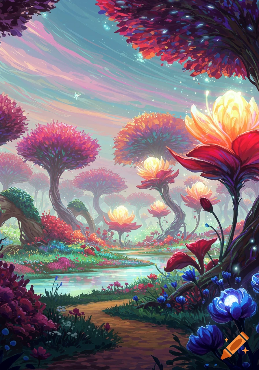 A vibrant fantasy landscape with glowing, colorful flowers and trees, a winding path, and a serene river under a pastel sky.