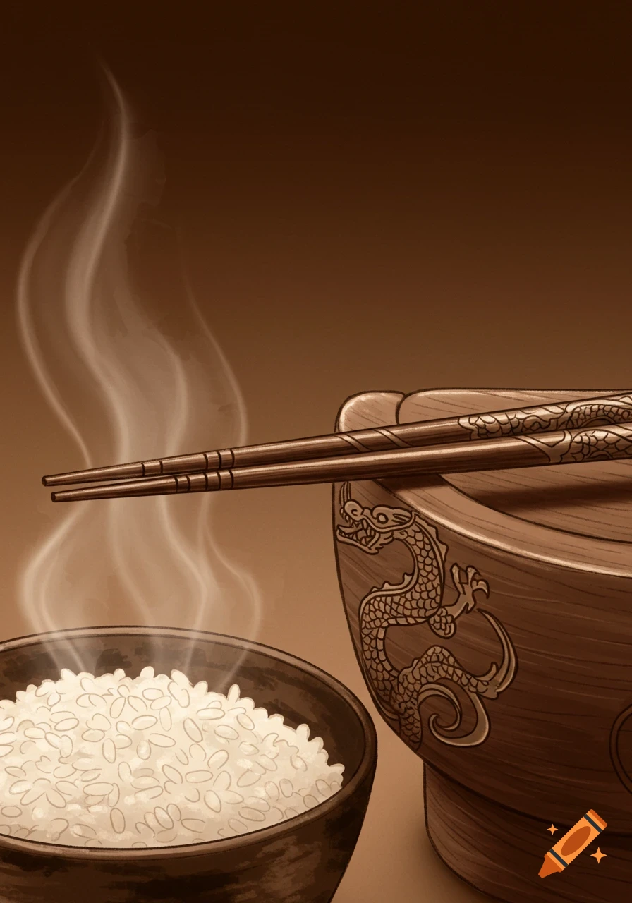 Sepia drawing of a steaming bowl of rice with ornate chopsticks resting on a dragon-decorated bowl.