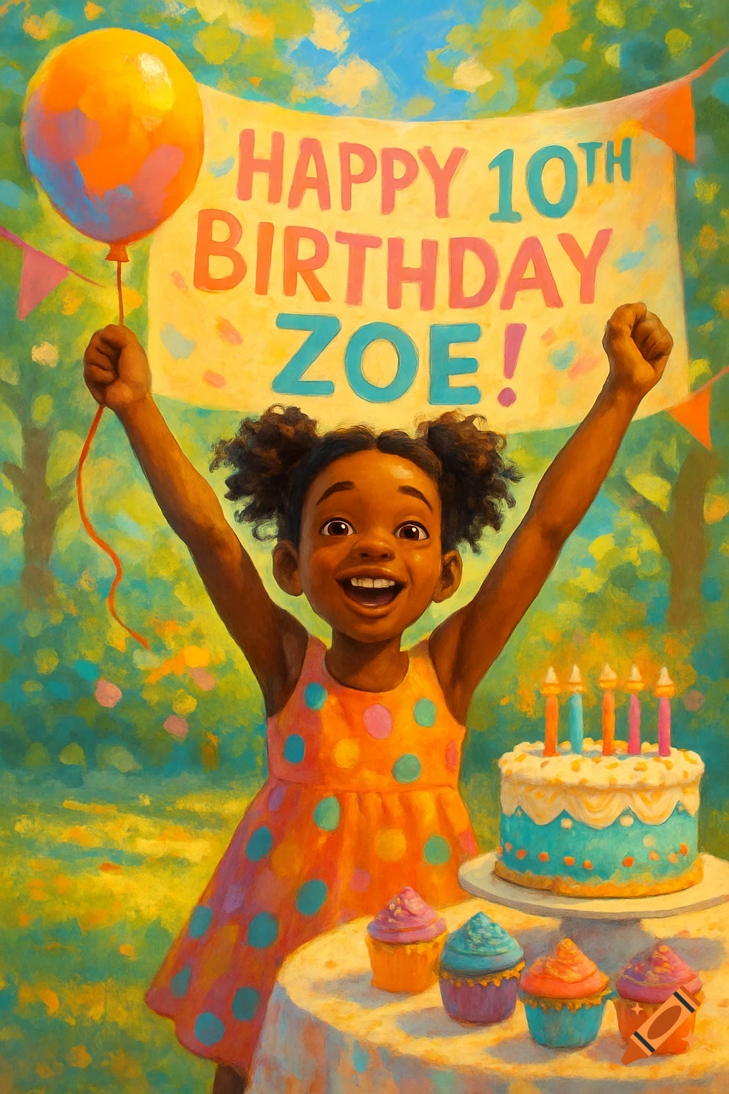 A joyful young girl celebrating her 10th birthday with a cake, cupcakes, and a balloon, in a vibrant painterly style.