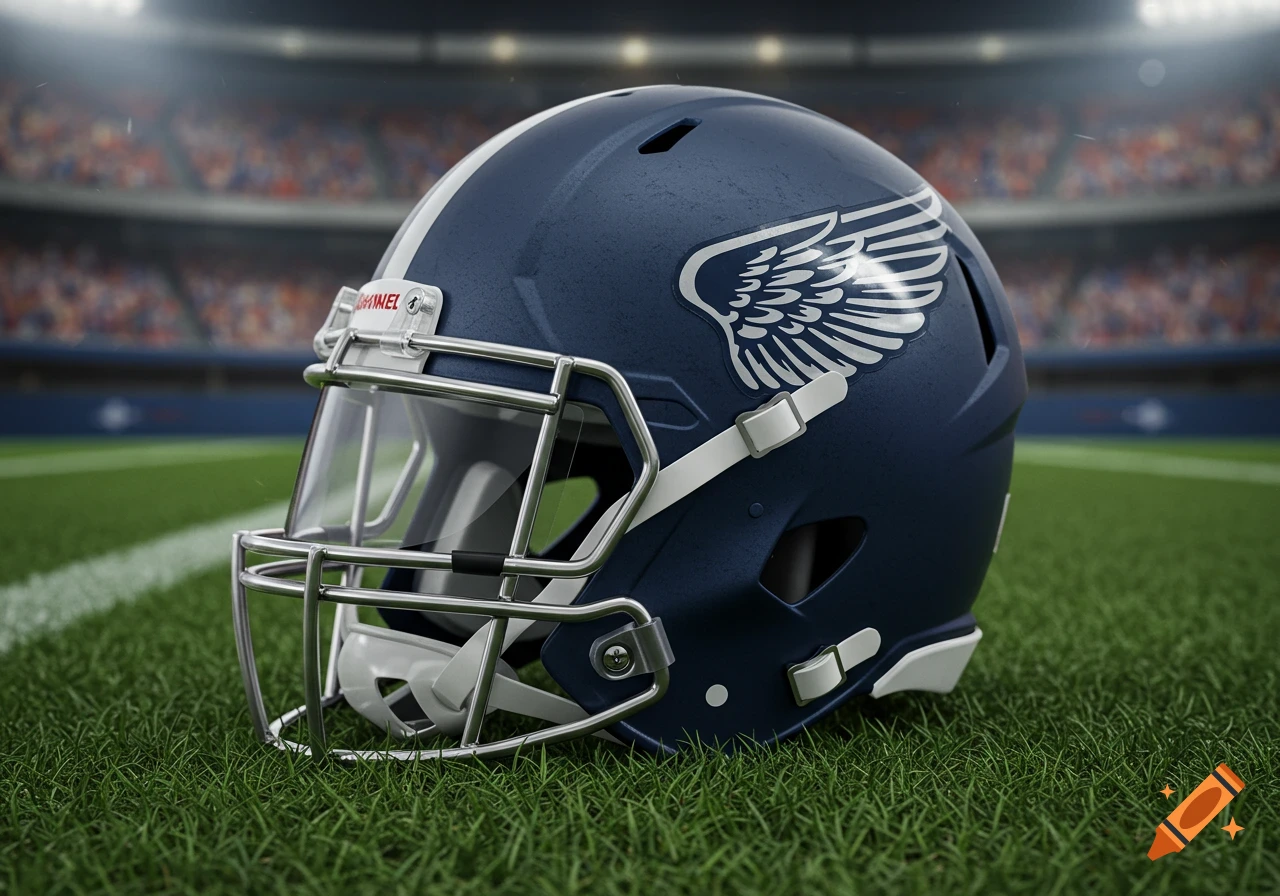 Dark blue American football helmet with white stripe and white wings on a grassy field inside a stadium.