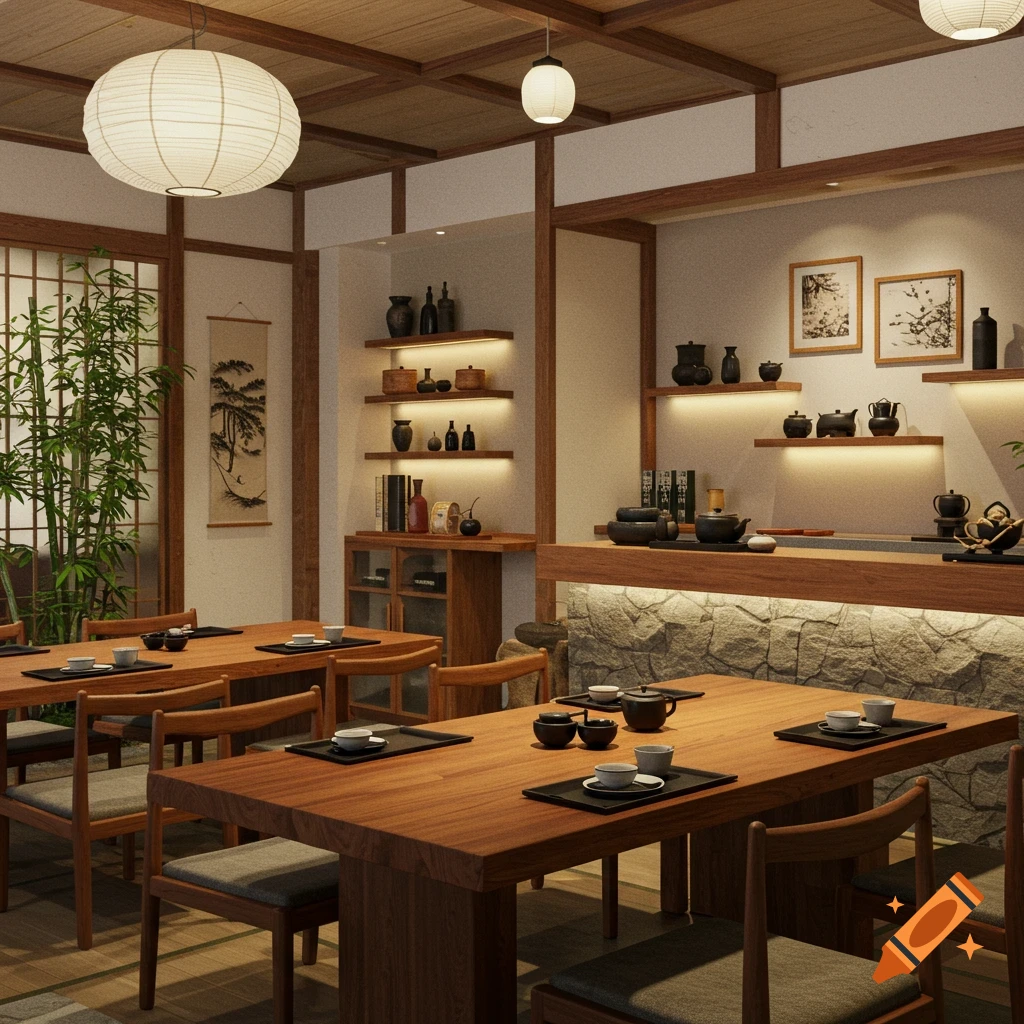 A modern Japanese-style restaurant interior with wooden tables, chairs, bamboo plants, and display shelves with pottery, under soft warm lighting.