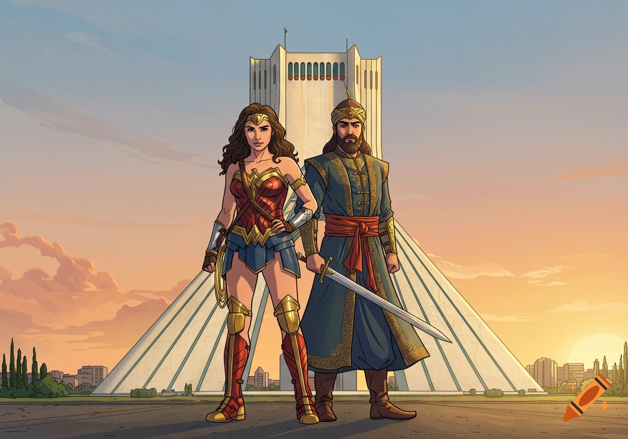 Wonder Woman and Rostam stand in front of Tehran's Azadi Tower at sunset in a comic book art style.
