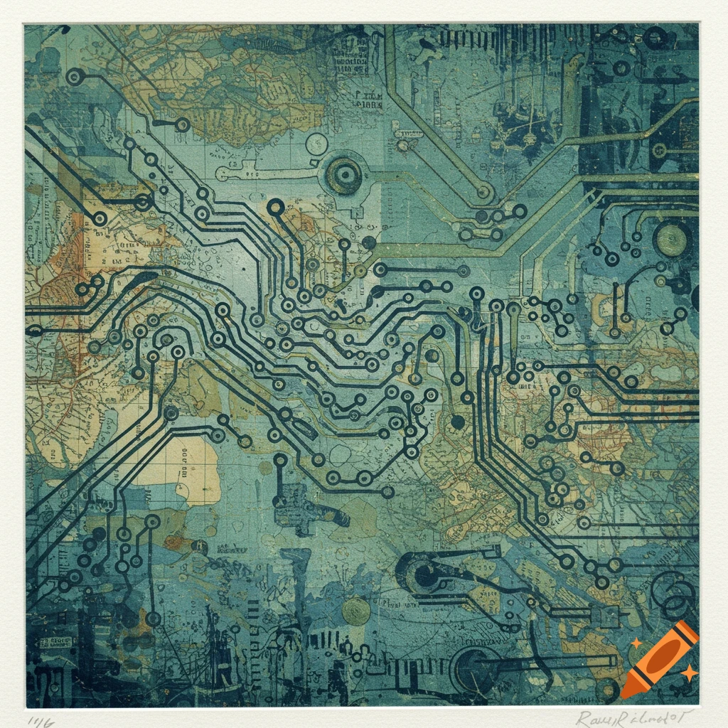 A mixed-media monoprint style image featuring complex electronic circuits overlaid on a faded, vintage map, in muted blues and greens.