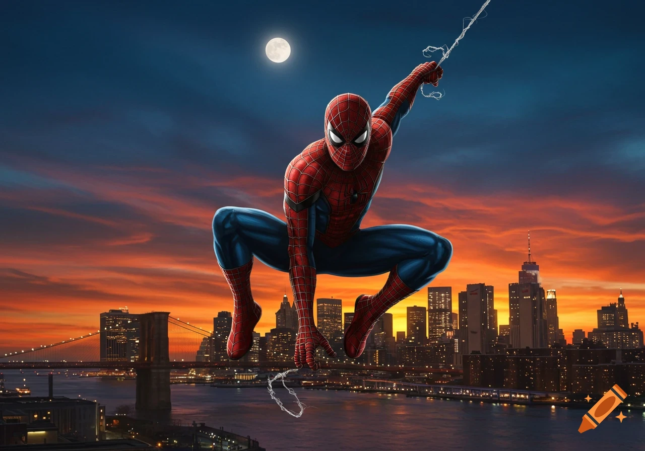 Spider-Man crouches mid-air, web-slinging above a cityscape with a vibrant orange and blue sunset sky and a full moon.