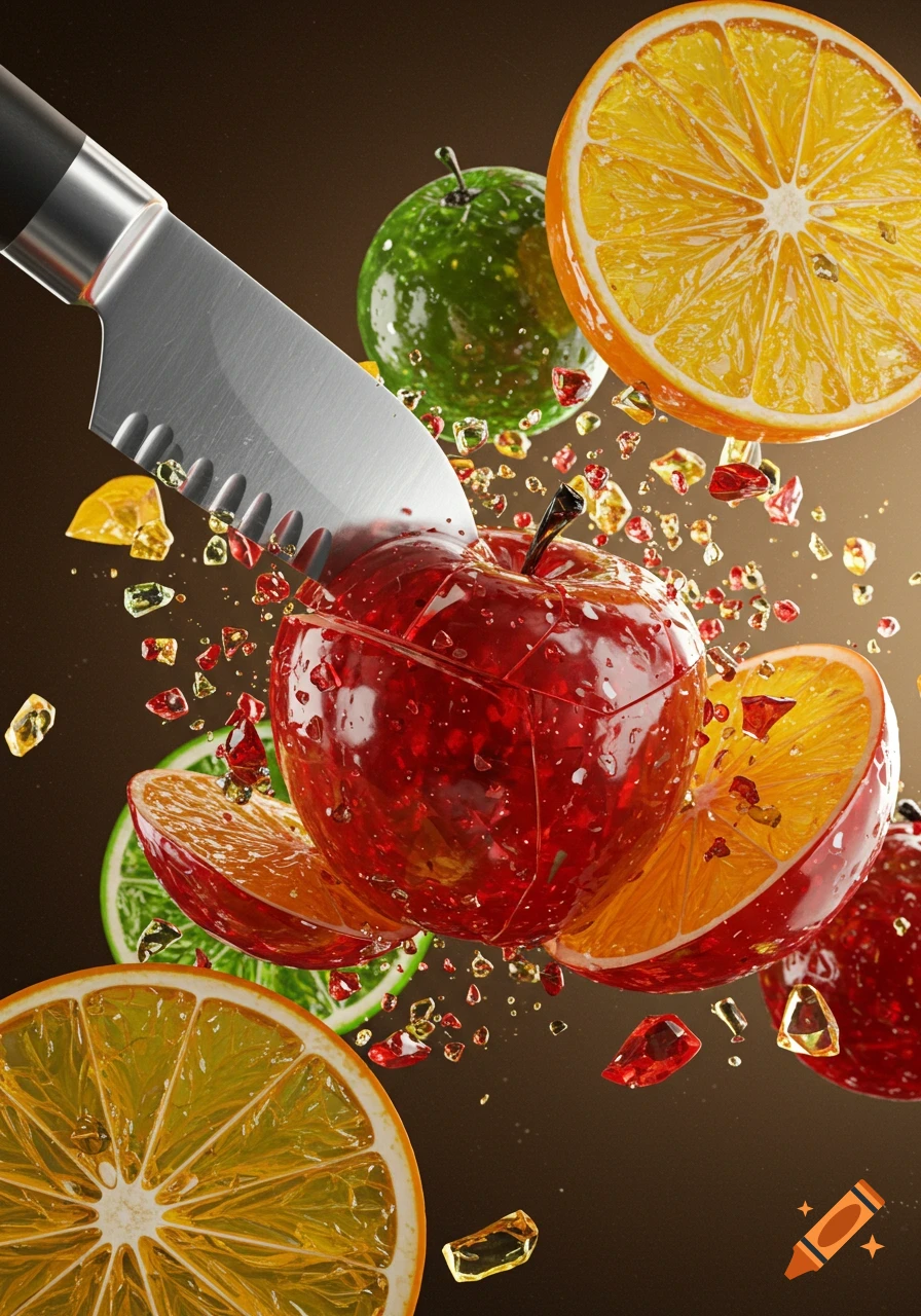 Photorealistic 3D render of a knife slicing a red glass apple, with exploding glass fruit pieces and citrus slices.