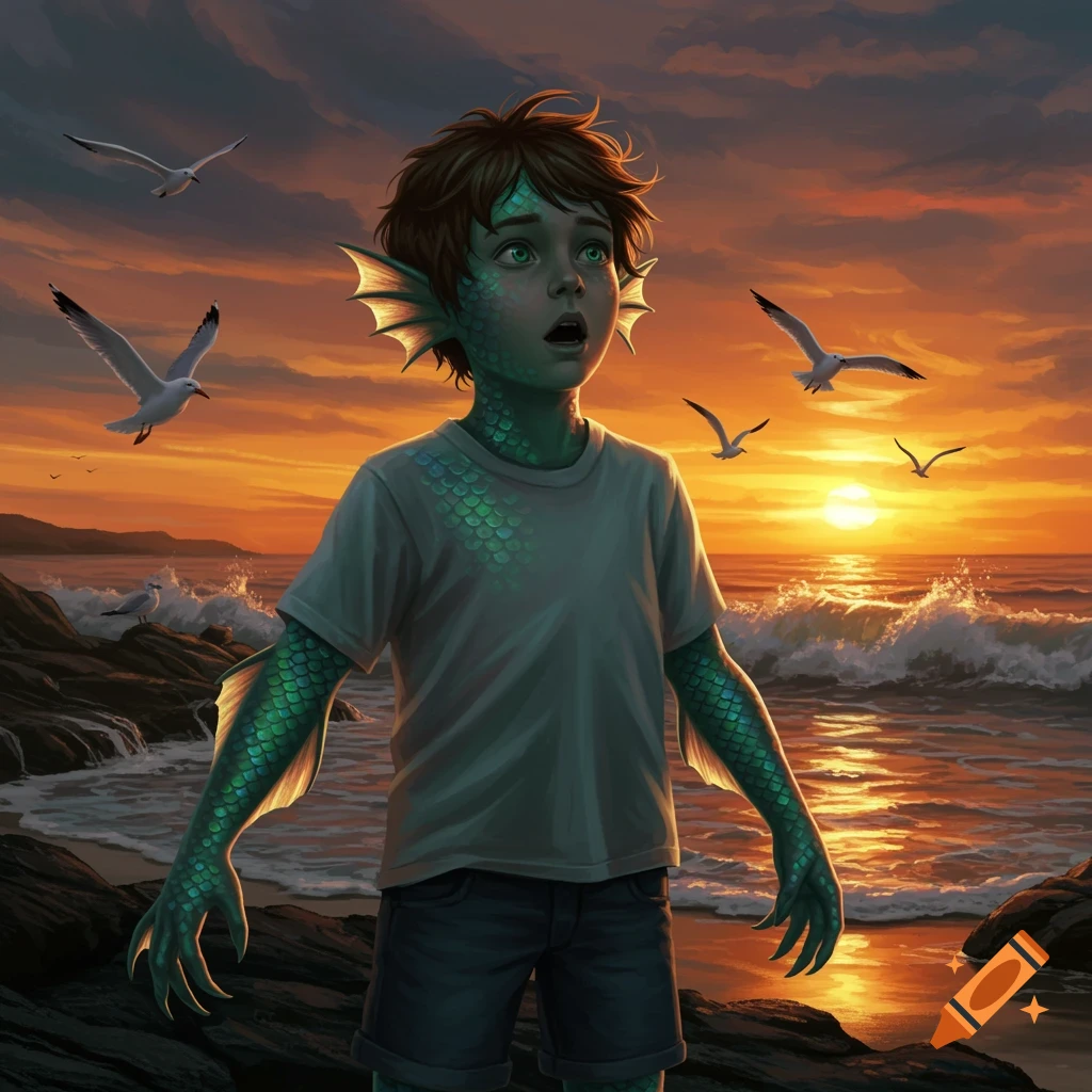 A young boy with green scales and fins transforming into a sea creature on a rocky beach at sunset, with seagulls.