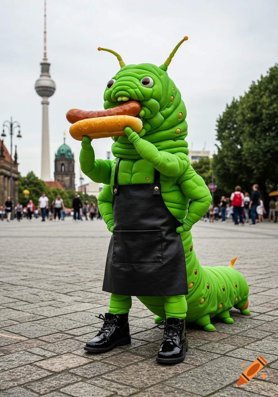A person in a large, green caterpillar costume, wearing a black apron and boots, eating a hot dog in a city square with the Berlin TV tower in the background.