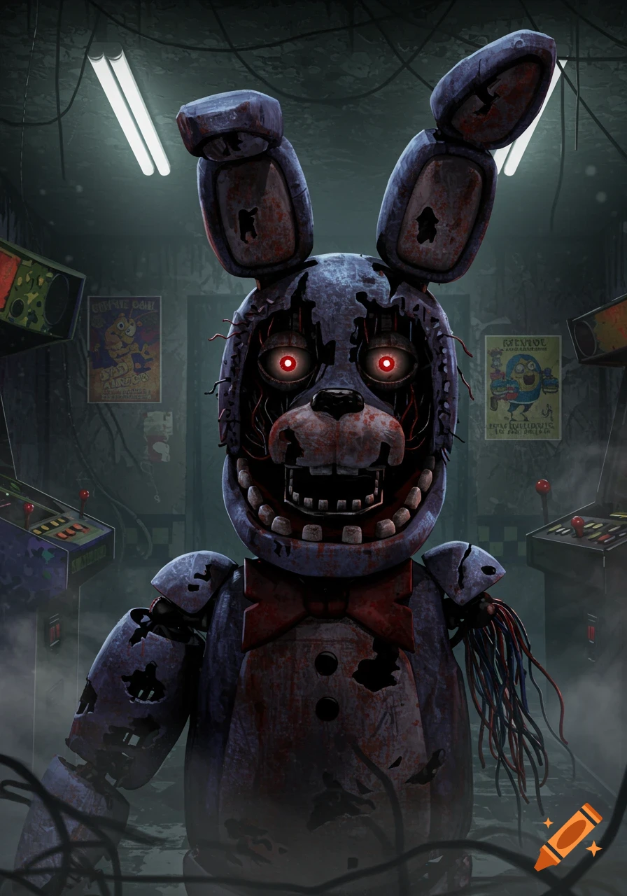 A terrifying, broken animatronic rabbit with glowing red eyes and exposed wires stands in a dark, grimy arcade.