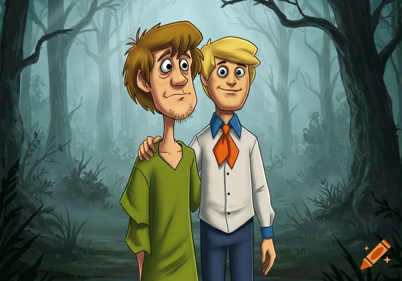 Shaggy and Fred from Scooby-Doo stand together in a misty, dark forest.