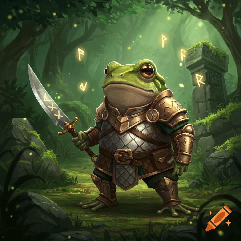 A frog warrior in golden and silver armor, holding a sword with glowing runes, stands in a magical forest with floating yellow runes.
