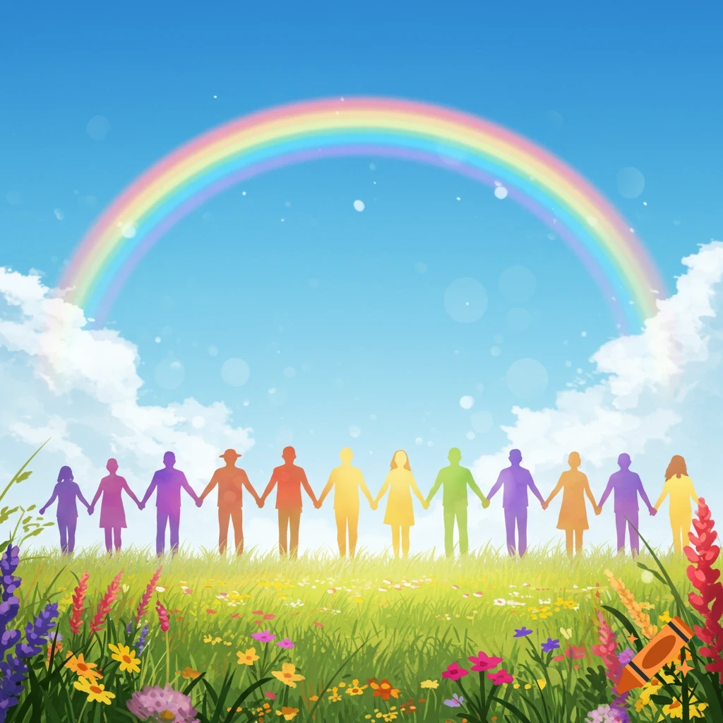 Stylized illustration of diverse colorful people holding hands in a flower field under a vibrant rainbow and blue sky.