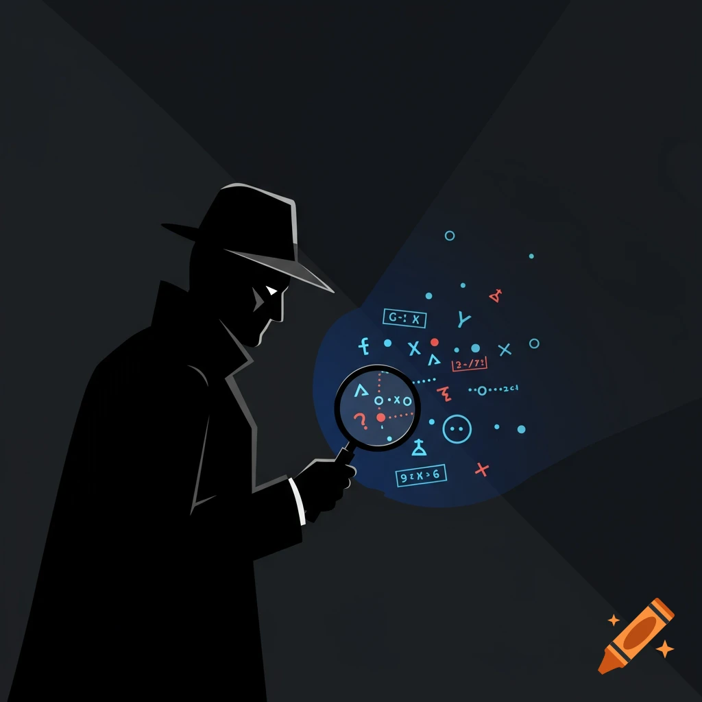 A silhouetted spy in a trench coat and fedora holds a magnifying glass, examining abstract symbols and text floating in a spotlight.