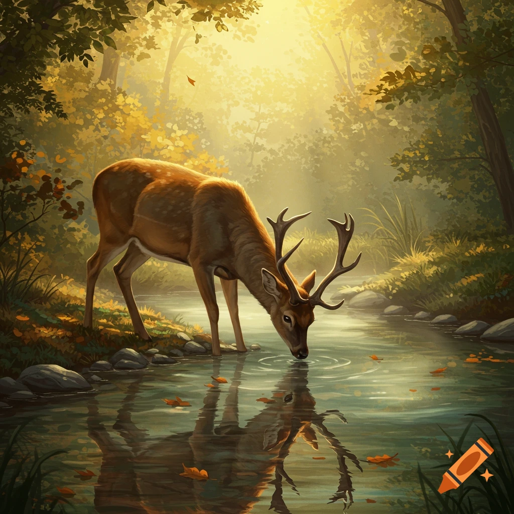 A majestic deer with antlers drinks from a tranquil stream in a sunlit autumn forest, its reflection visible in the water.