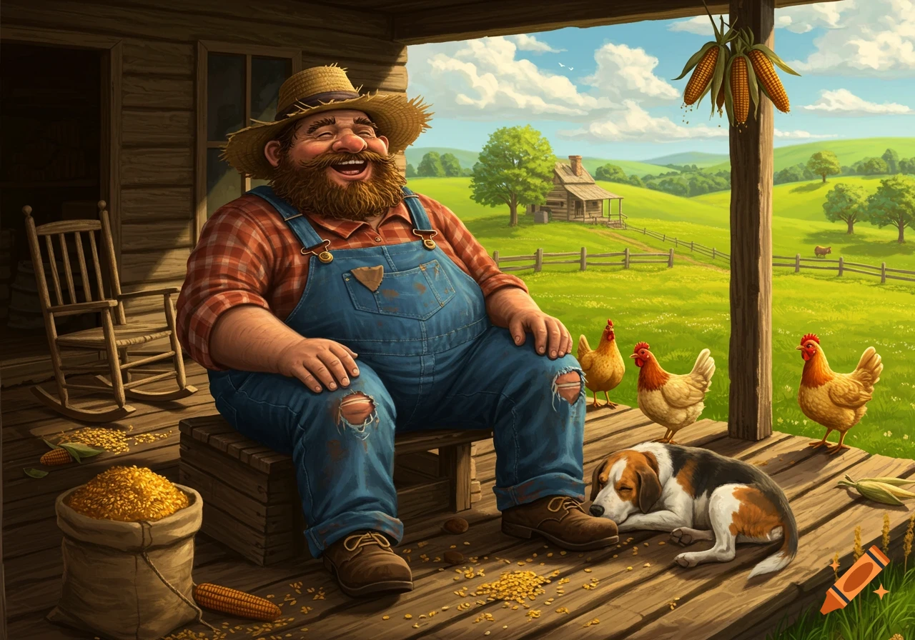 An illustration of a cheerful, bearded farmer in overalls sitting on a rustic porch with chickens and a sleeping dog, overlooking a green rural landscape.