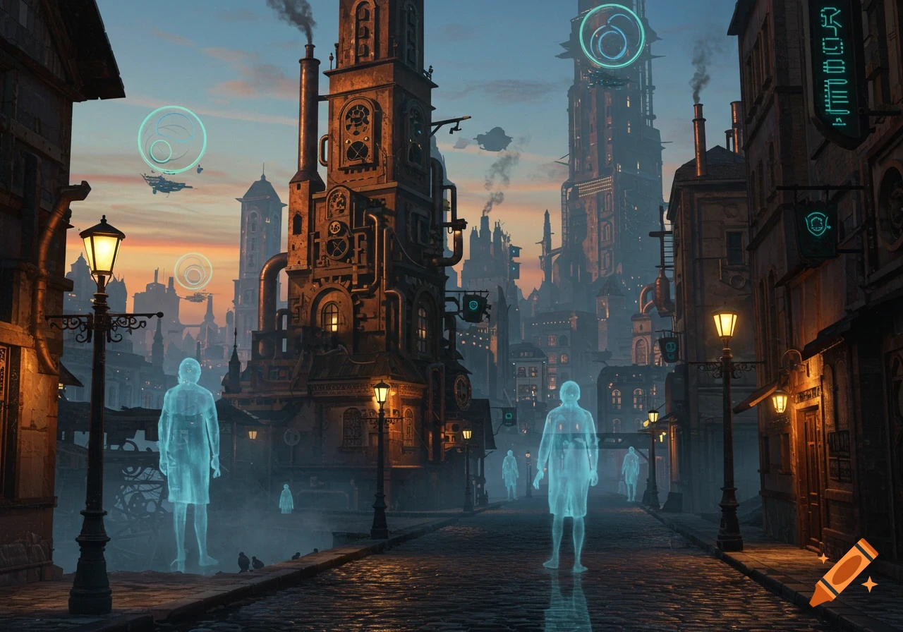 A twilight scene of a detailed steampunk city with towering buildings, ornate streetlights, and glowing holographic ghost figures walking on a cobblestone street.