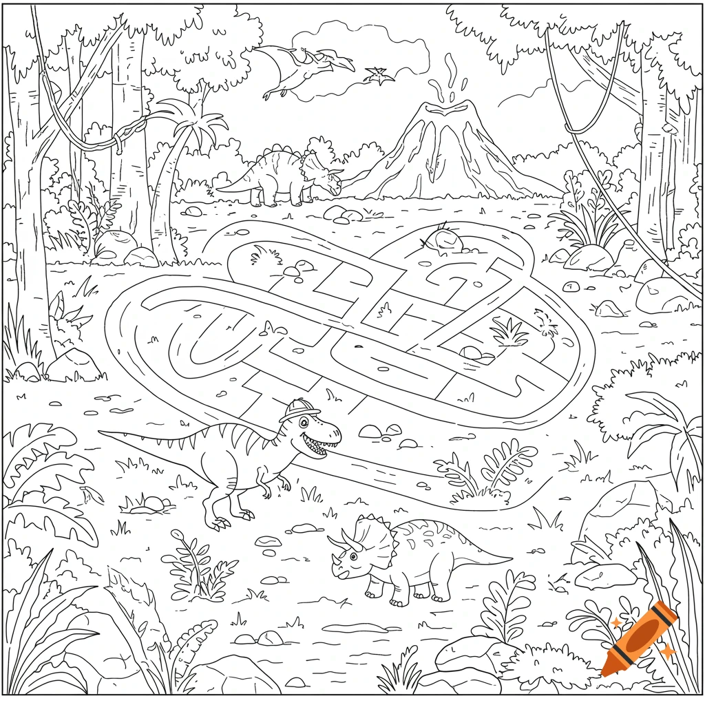 Black and white outline coloring page featuring a dinosaur maze in a prehistoric jungle with a volcano.