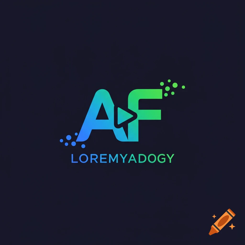A modern logo displaying the letters 'AF' in a blue to green gradient, with a play button symbol integrated into the 'F', above the text 'LOREMYADOGY'.