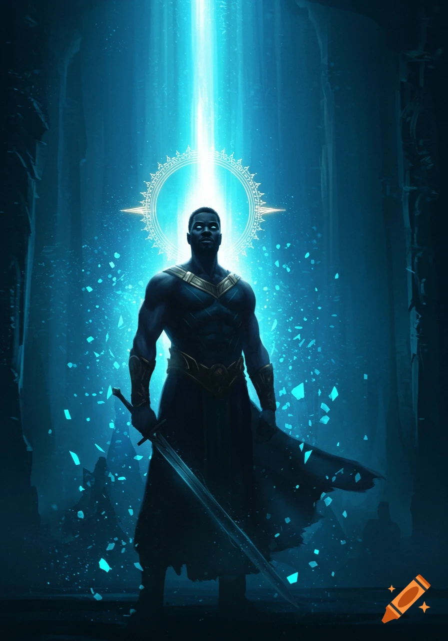 A powerful muscular man in dark armor holds a sword, illuminated by a bright blue light from above in a dark, ethereal setting.