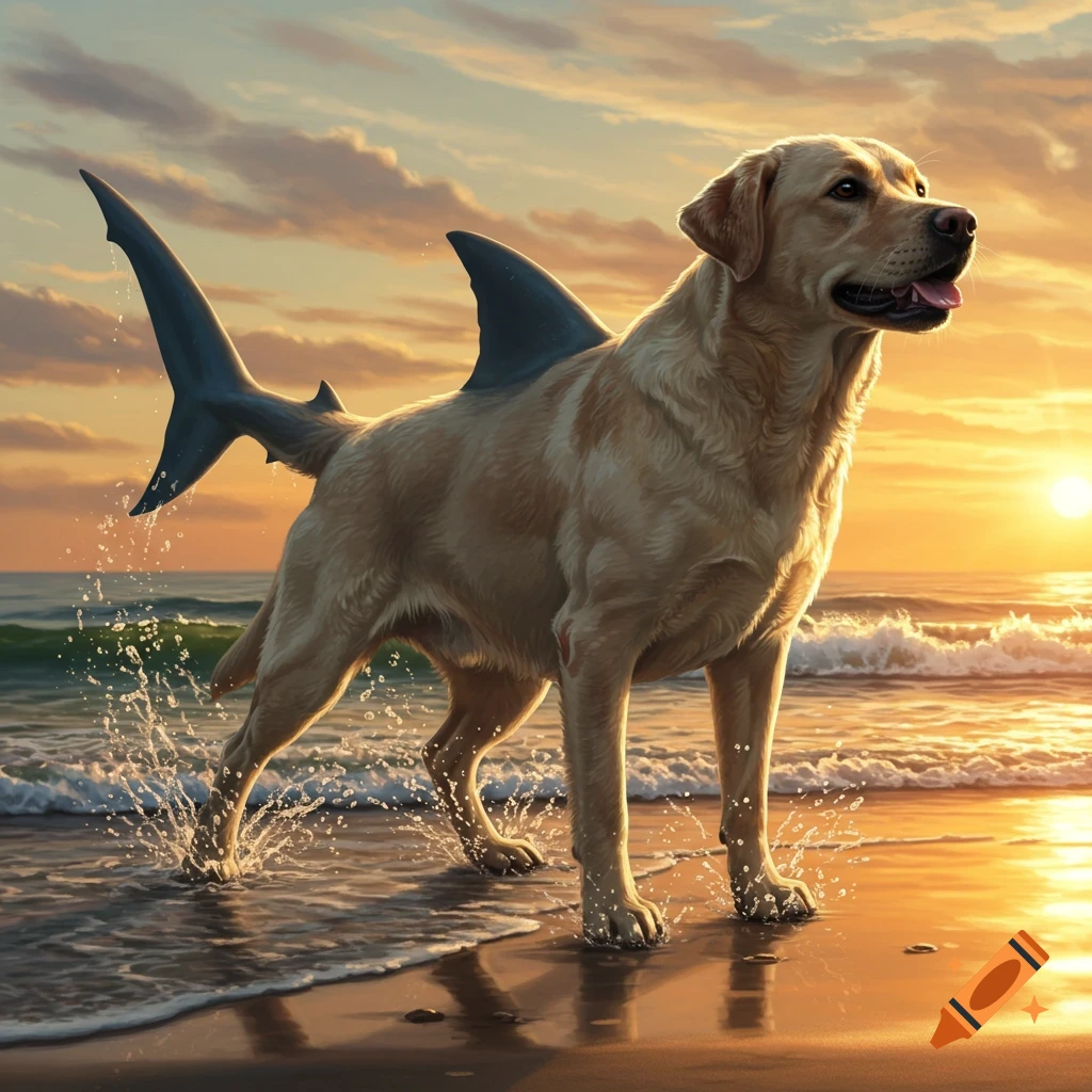 A photorealistic golden retriever with shark fins stands in shallow ocean water on a beach at sunset.