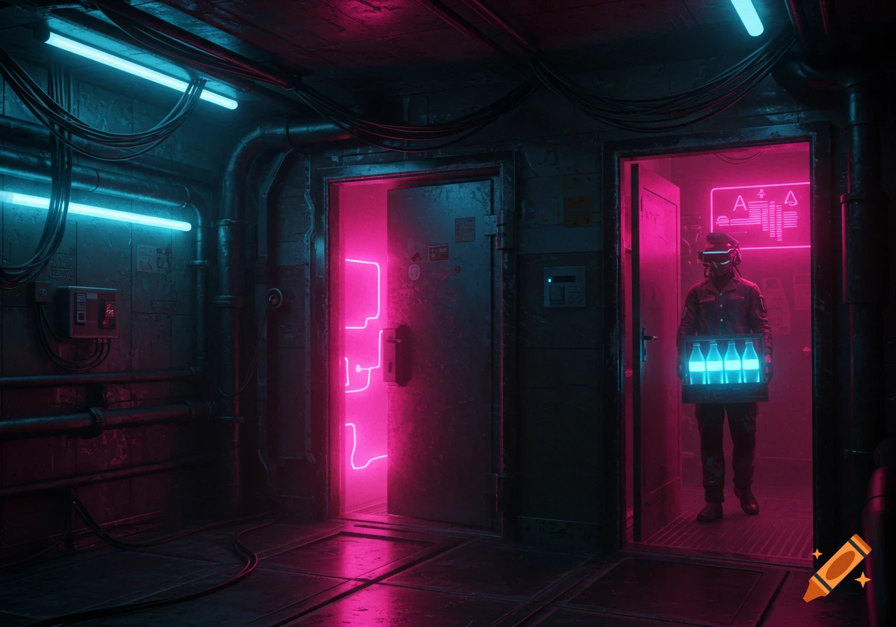 A cyberpunk corridor with blue and magenta neon lights. A person with a glowing visor holds a crate of glowing bottles in an open doorway.
