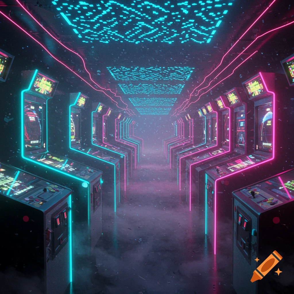An infinite hall of arcade machines illuminated by glowing neon blue and pink lights, with a hazy, futuristic atmosphere.