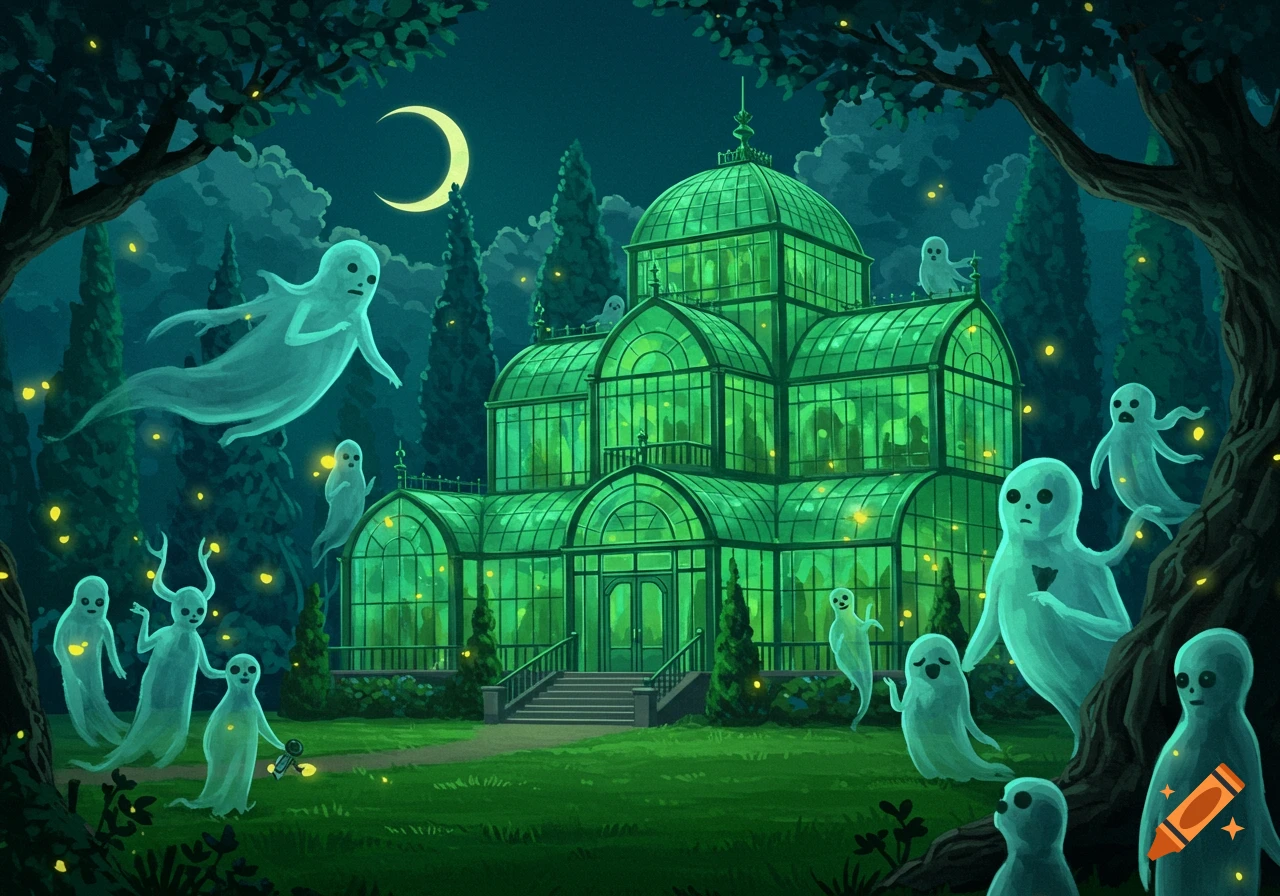Illustrated night scene with pale ghosts floating around a glowing green glass house under a crescent moon in a dark forest.
