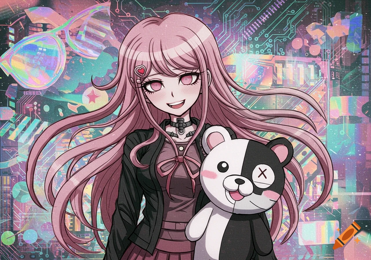 An anime girl with long pink hair and a heart clip, holding a black and white bear plushie against a vibrant, futuristic circuit board background.