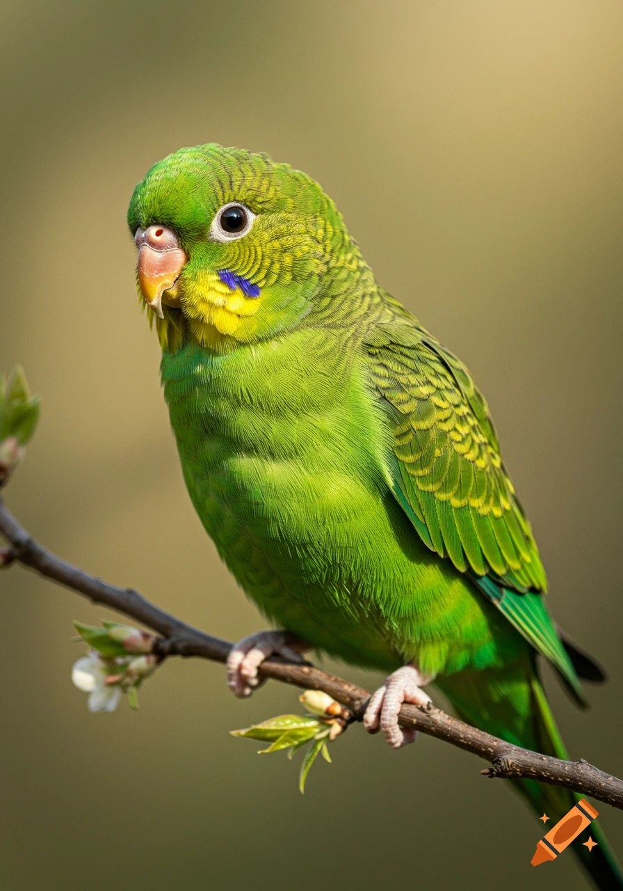 Close-up photorealistic portrait of a vibrant green parakeet with yellow and blue markings, perched on a branch.