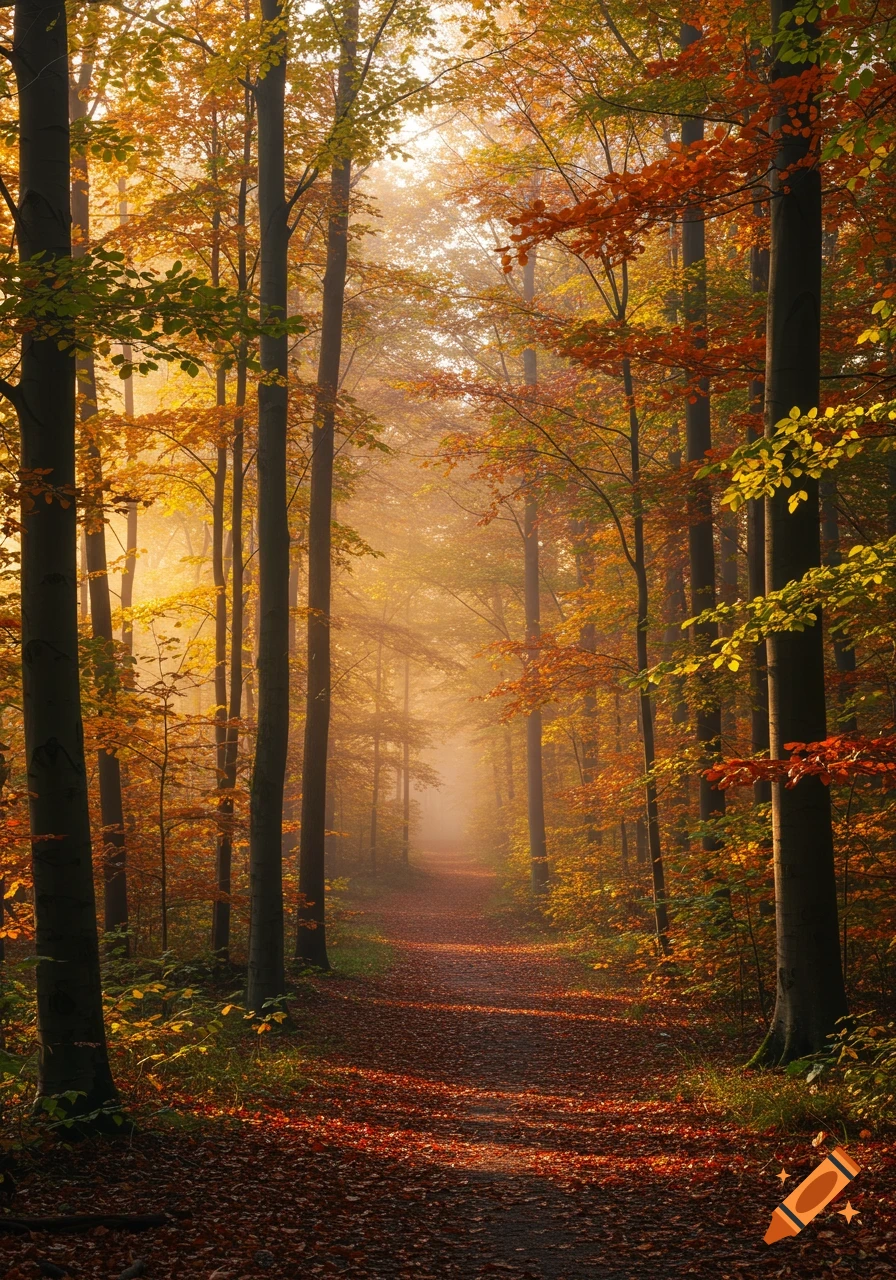 Misty path winding through an autumn forest with vibrant orange, yellow, and red leaves illuminated by sunlight.