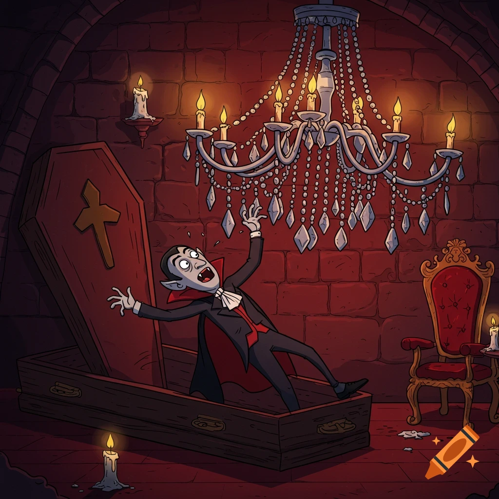 A startled cartoon vampire rises from his coffin and hits his head on a chandelier in a dark castle room.