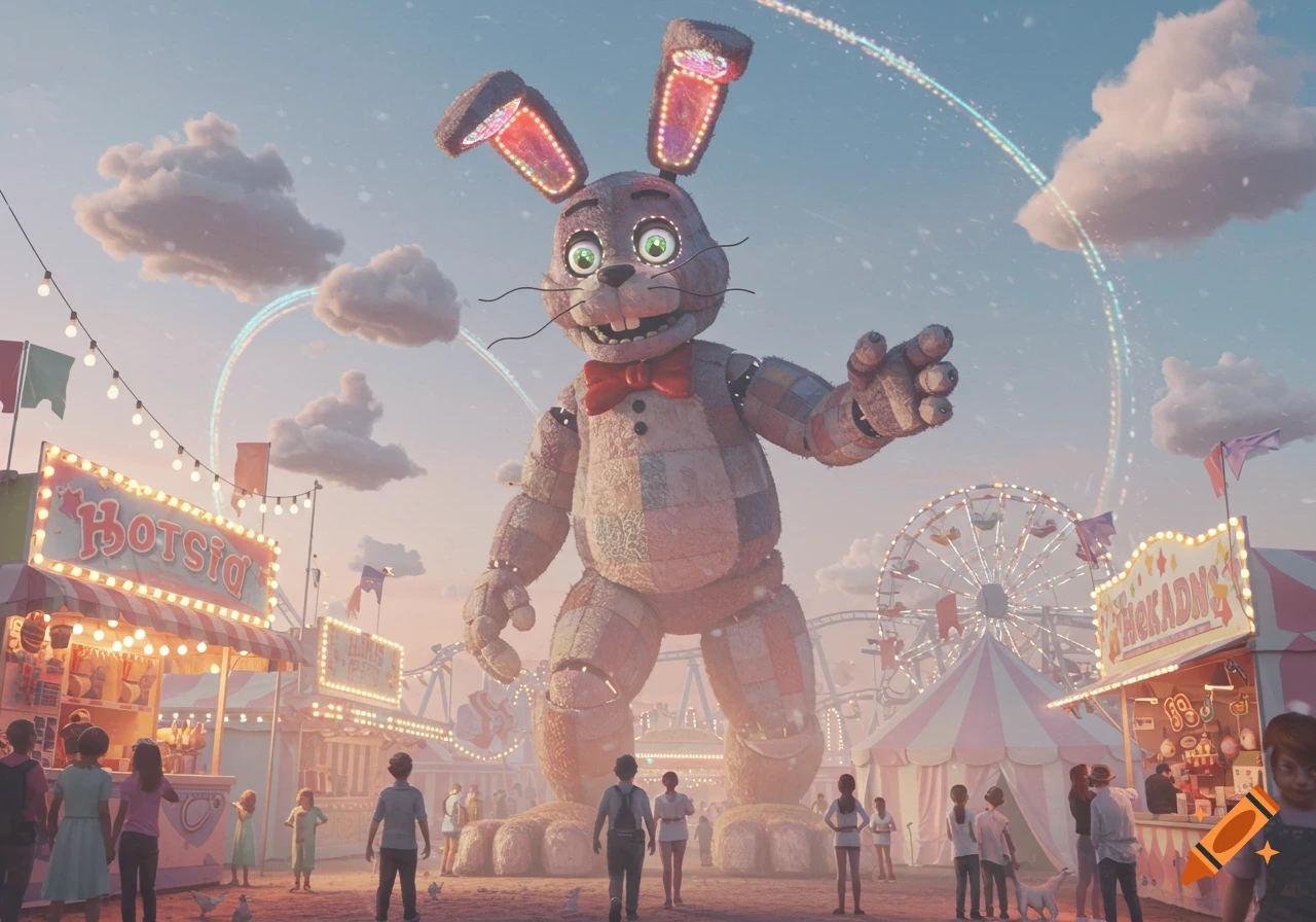 A giant, patchwork animatronic rabbit with glowing ears stands in a bustling carnival, as small people gaze up at it under a pastel sky.