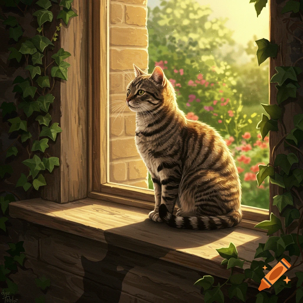 A tabby cat sits on a sunny windowsill, looking out at a vibrant green garden with pink flowers. Illustrated style.