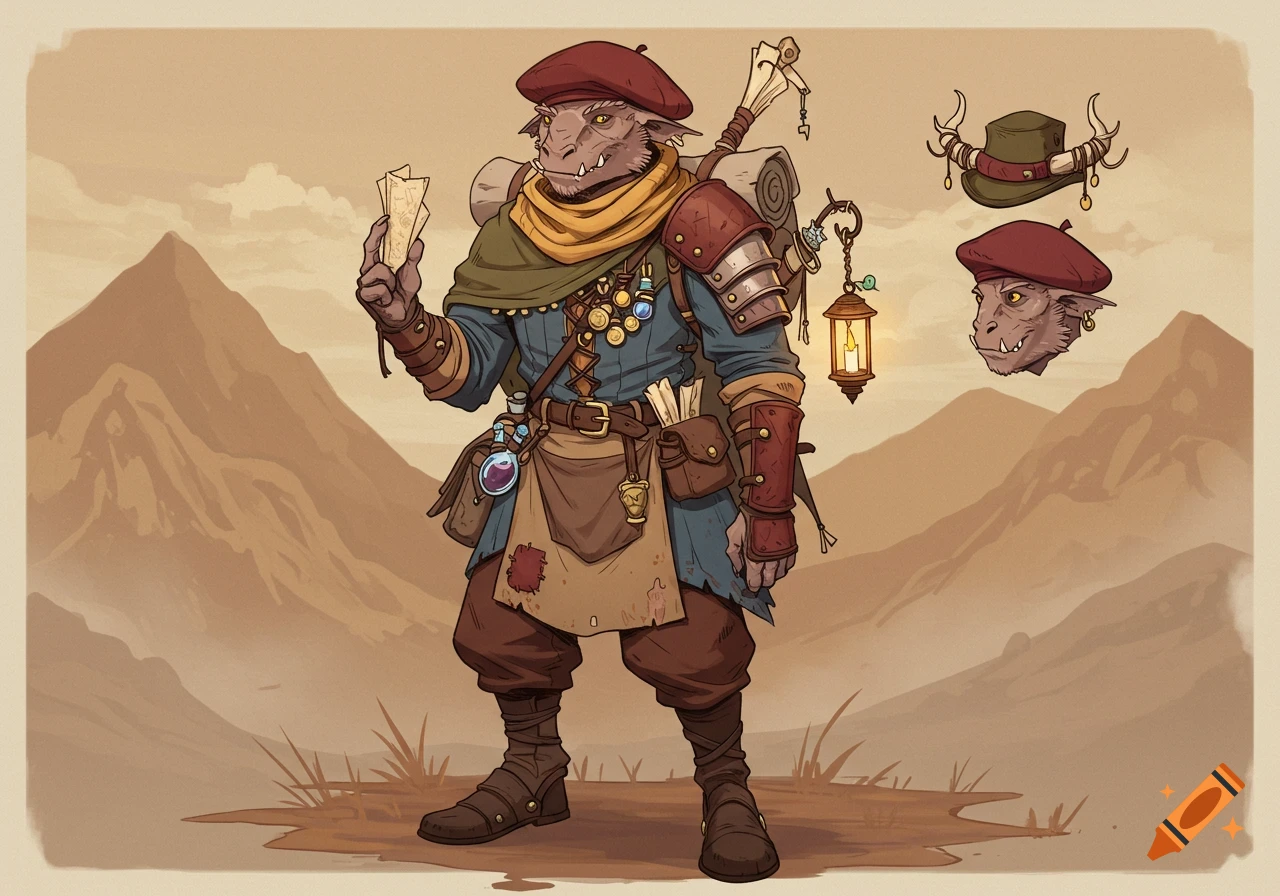 A lean, reptilian monster-scholar in a red beret, layered travel gear, and a scarf, holding papers in a desert mountain landscape. Stylized illustration.
