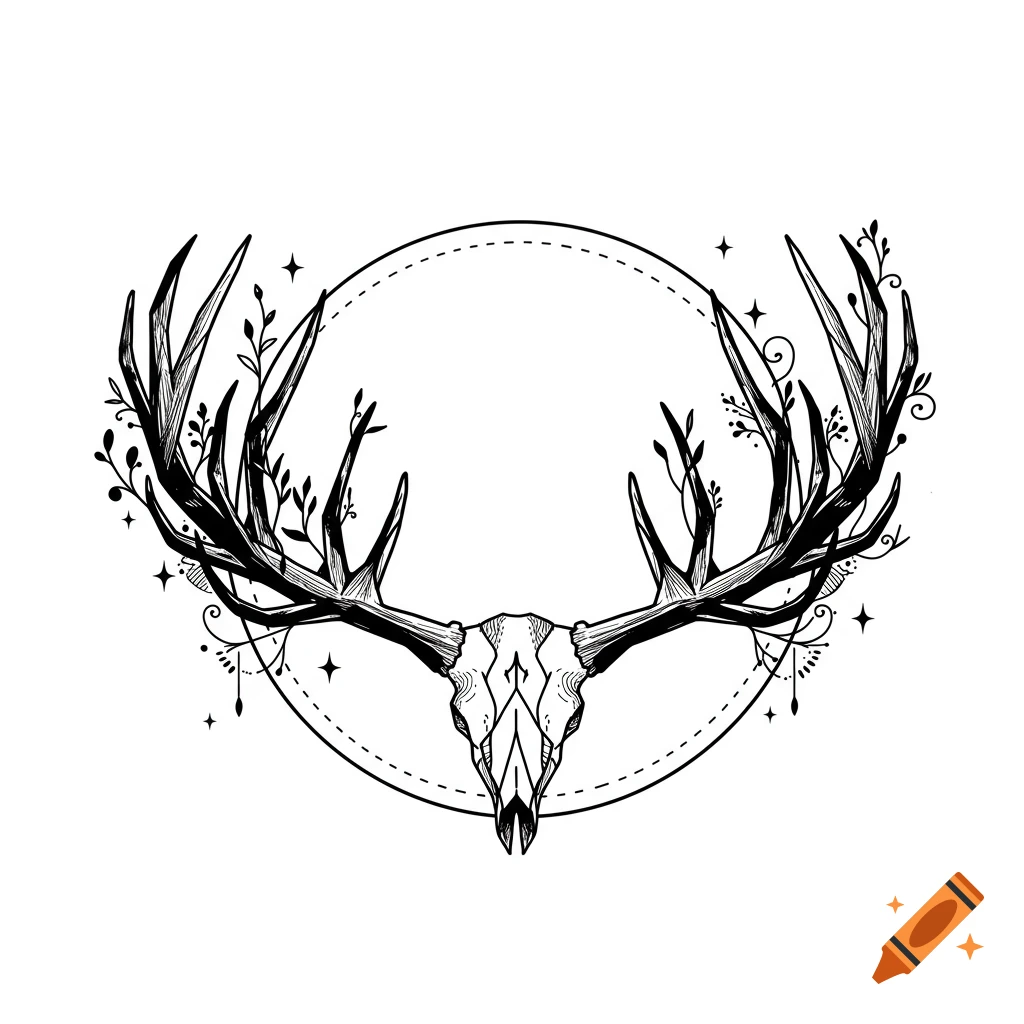Black and white line art illustration of a deer skull with large antlers, adorned with botanical elements, framed by a dotted circle.