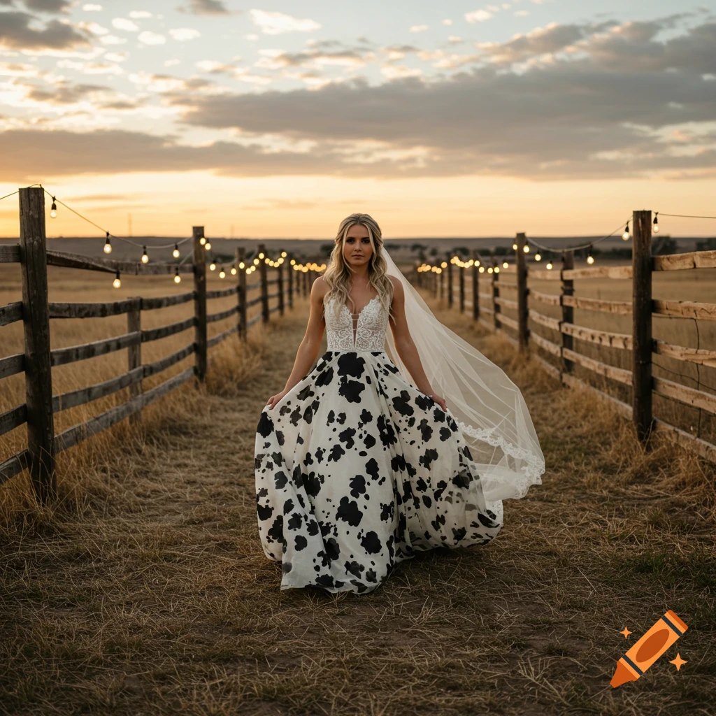 Woman in a white and black cow print wedding dress and veil walking down a path between wooden fences with string lights at sunset.