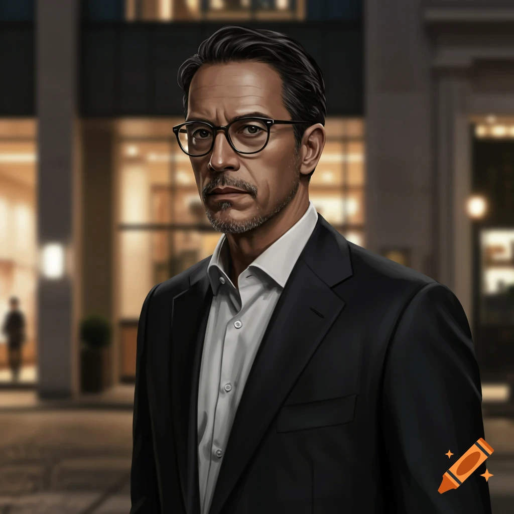 A man in his 40s with dark hair, glasses, and a business suit stands against a blurred city background.