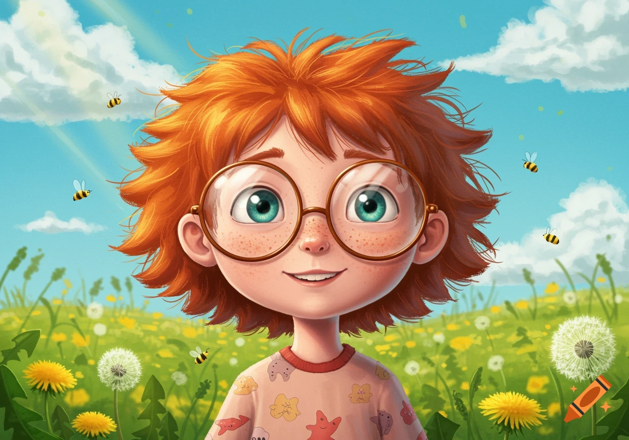 A cheerful, red-haired cartoon child with large glasses stands in a sunny field of dandelions with bees flying around.