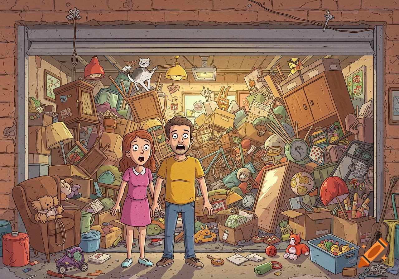 A shocked cartoon couple stands in front of their overflowing, junk-filled garage, depicted in a humorous, exaggerated style.
