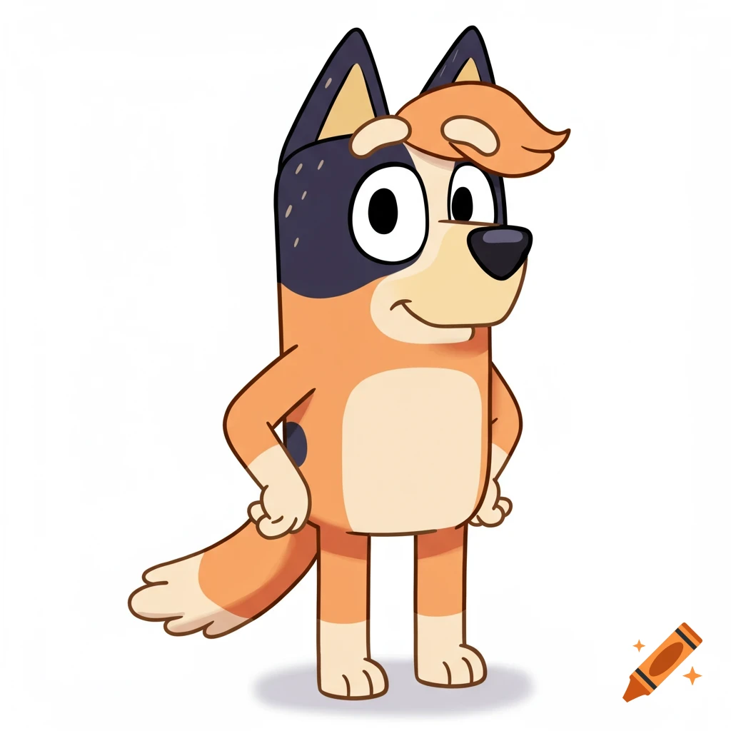 Adult cartoon dog character, Indy from Bluey, with orange and dark blue fur and an orange hair tuft, standing on a white background.