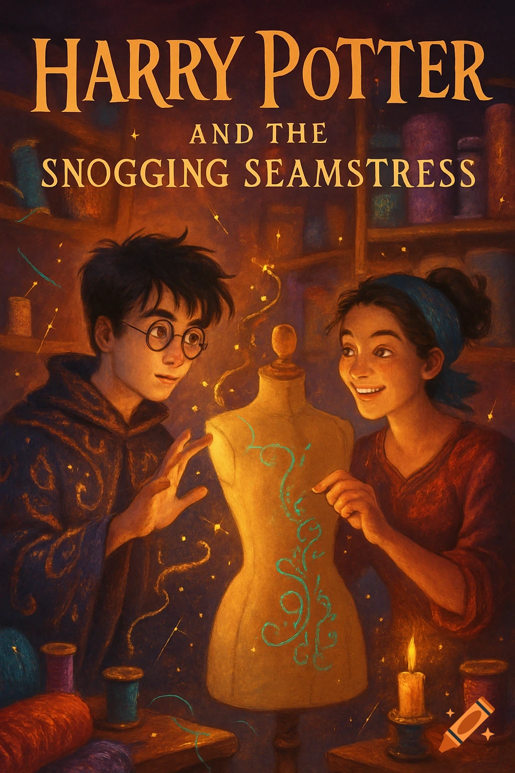 Illustrated book cover of Harry Potter and a seamstress admiring a magical glowing design on a dress form in a cozy room.