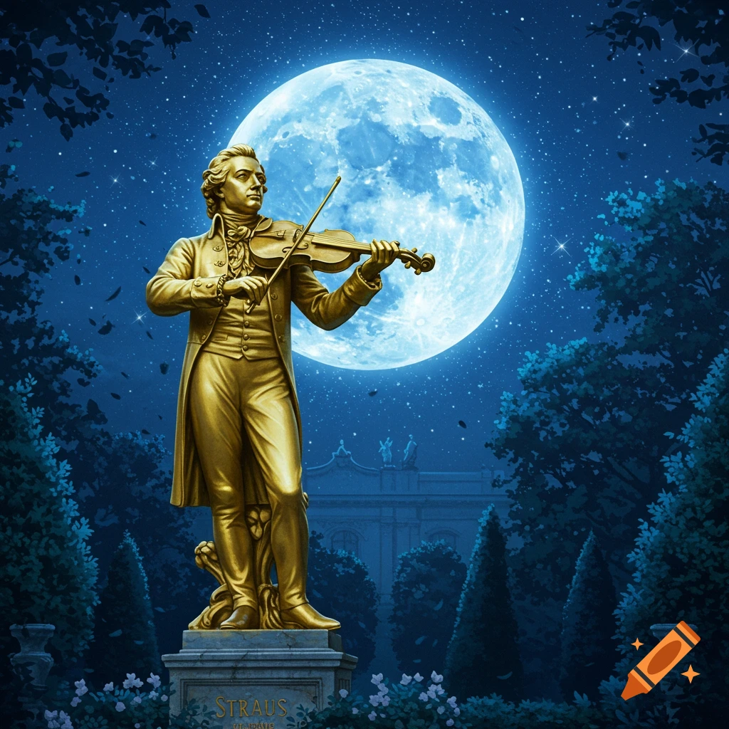 A golden statue of Johann Strauss playing the violin in a dark park under a large, glowing blue full moon and starry sky.