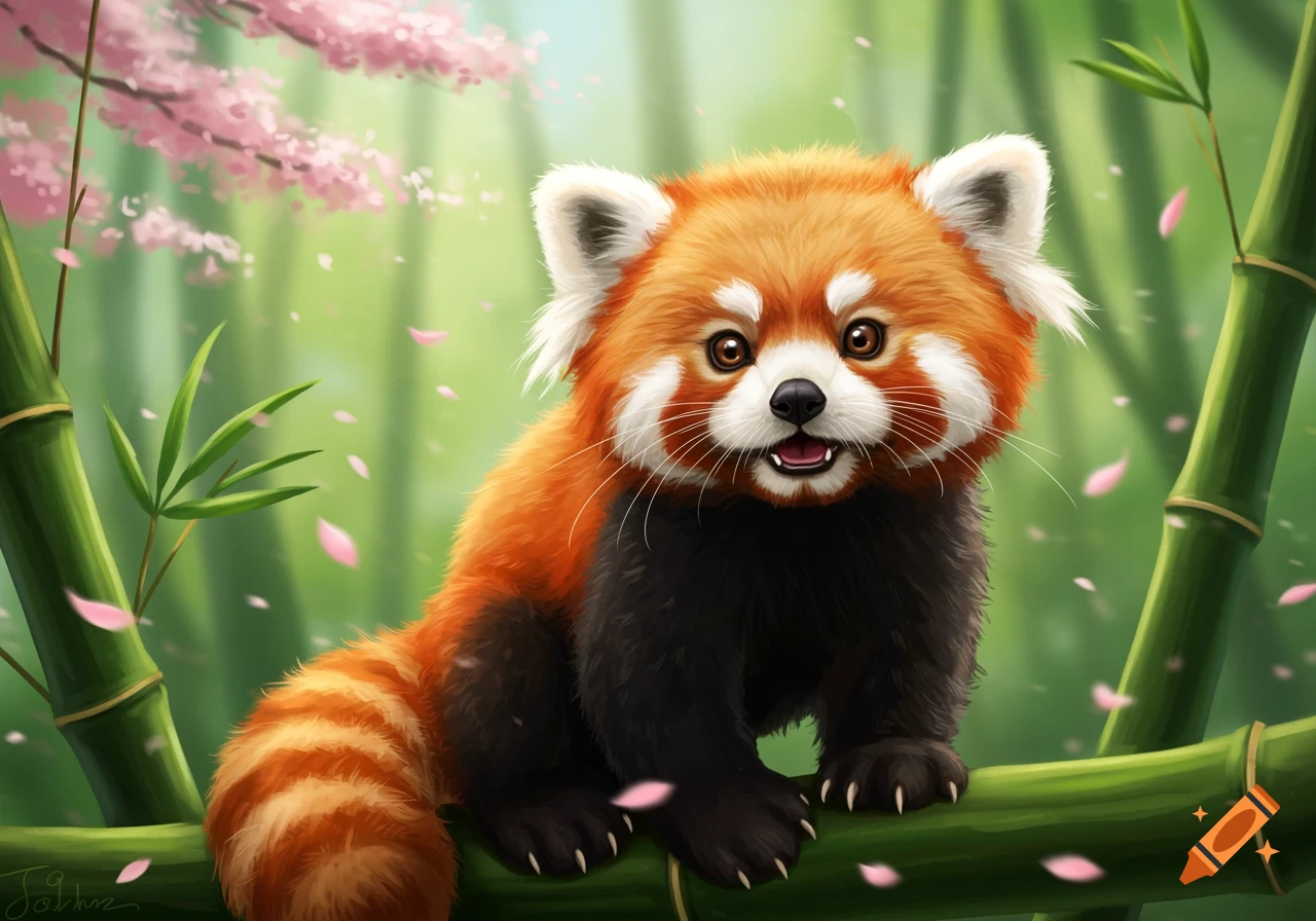 A cute baby red panda with orange and black fur sits on a green bamboo stalk, with pink cherry blossoms and petals in the background.