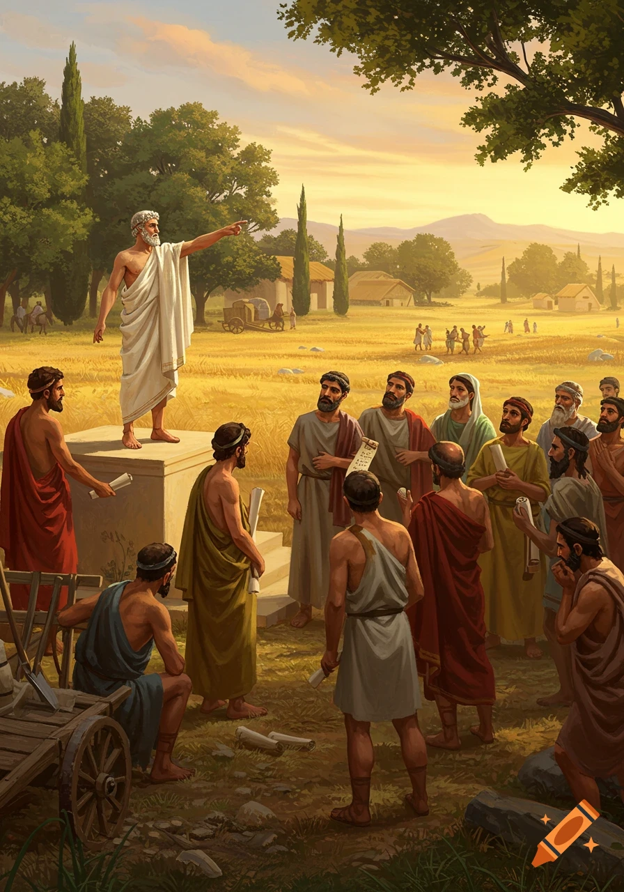 An ancient Greek leader, likely Peisistratus, on a podium, addresses a crowd of farmers in a golden field at sunset.
