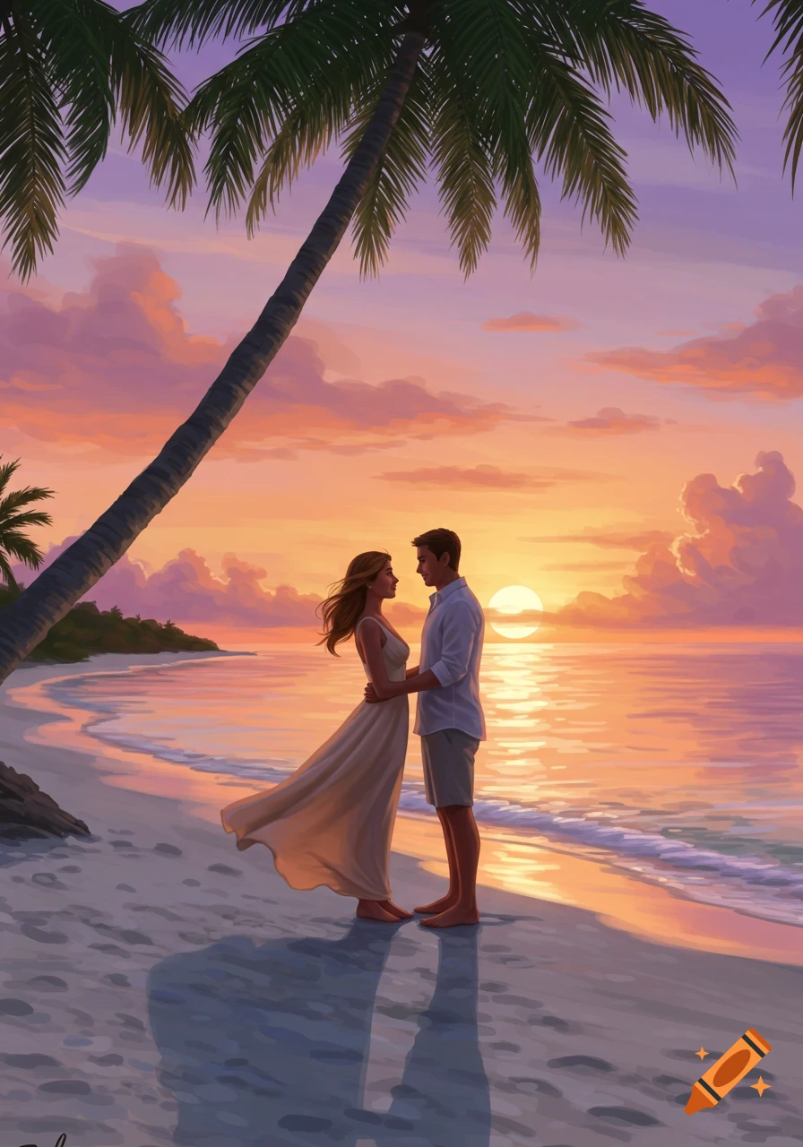 An illustrative image of a couple embracing on a tropical beach with palm trees at sunset.