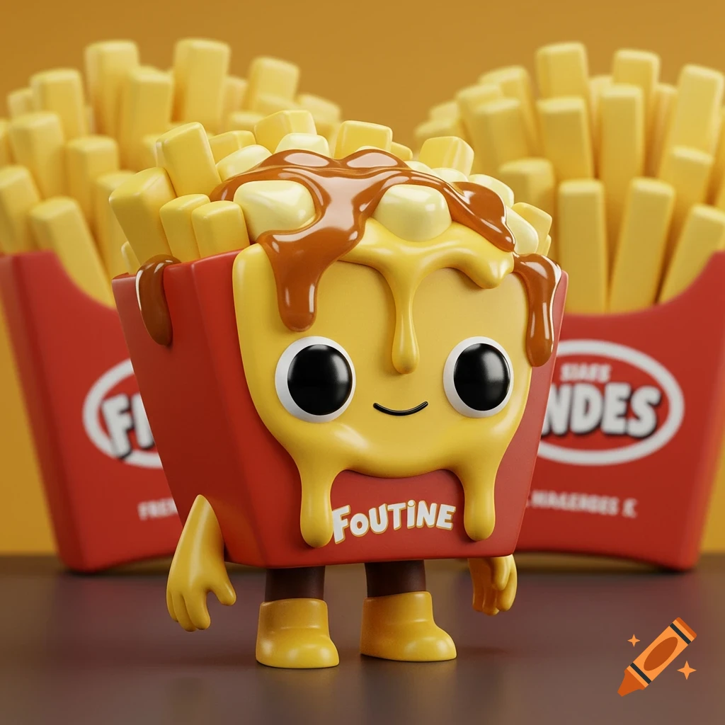 A cute poutine snack box character with googly eyes and a smile, covered in gravy and cheese curds, in the style of a Funko Pop figure. Another poutine box is in the background.